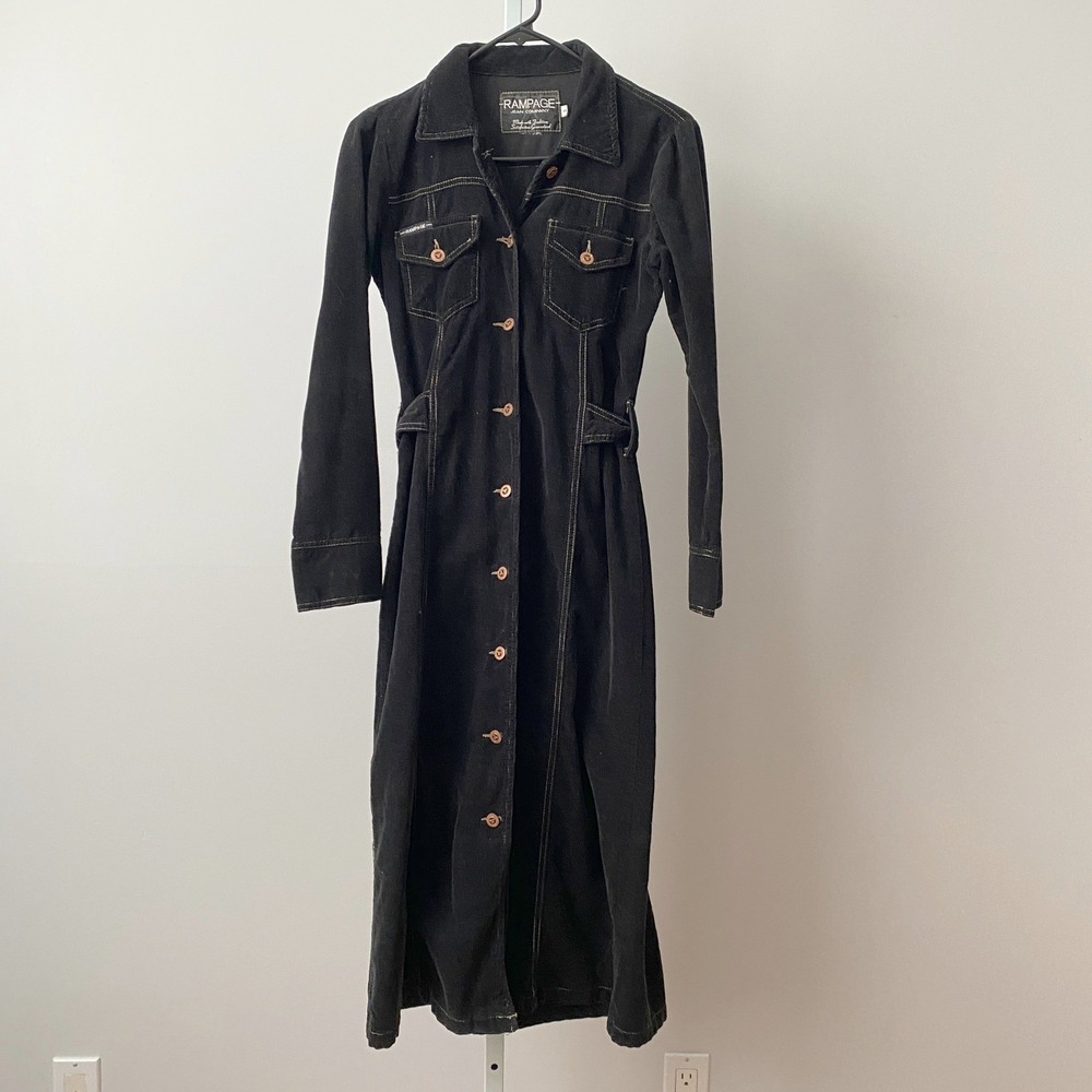 Rampage S Black Corduroy Maxi Dress Button Front Long Sleeve Belted Y2K Grunge
